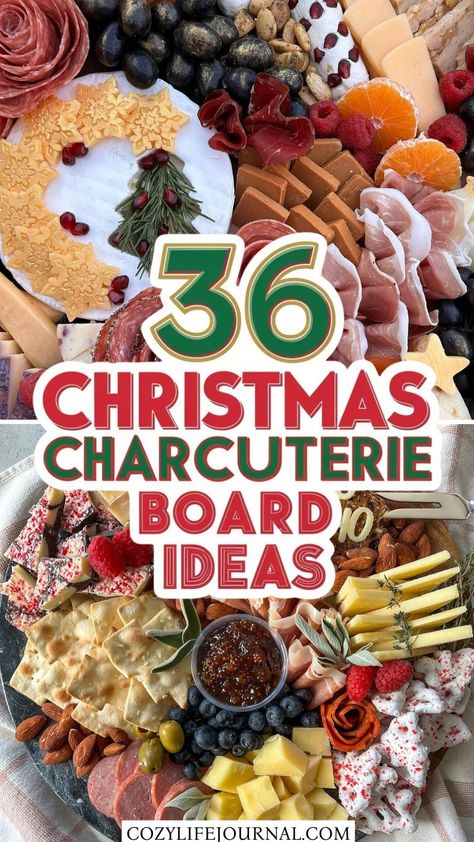 Festive charcuterie board with meats, cheeses, fruits, and holiday decorations. Text reads "36 Christmas Charcuterie Board Ideas". Xmas Apps Appetizer Ideas, Healthy Christmas Charcuterie Board, January Charcuterie Board Ideas, Charcuterie Board For Christmas Party, Christmas Brunch Board, Christmas Charcuterie Board Holiday Parties, Charcuterie Christmas Board, Unique Charcuterie Boards, Charcuterie Board Christmas Ideas