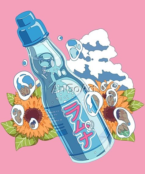 The colorful Japanese summer, sunflowers and some cold soda drink by AnGoArt A kawaii design with a cold Japanese water bottle, orange sunflowers, and some sky with raindrops. It is a great aesthetic gift for someone who loves Japan, anime, manga, and cute art. Japanese Water Wallpaper, Drink Art Aesthetic, Japanese Water Illustration, Japanese Art Kawaii, Japanese Drinks Aesthetic Drawing, Water Drawing Aesthetic, Bottle Aesthetic Art, Ramune Soda Aesthetic Drawing, Drinks Aesthetic Drawing