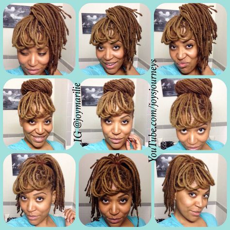 Loc faux bangs and bun. Locs Bun With Bangs, Loc Bangs And Bun, Hairstyles For Long Locs, Bangs And Bun, Loc Bangs, Black Hair Locks, Updos For Natural Hair, Dread Hair Styles, Hair Loc Styles