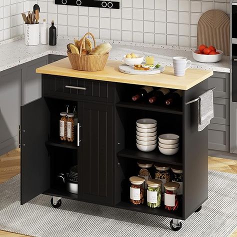 Amazon.com: SUNLEI Kitchen Island on Wheels with Storage Cabinet & Drawer, 42" Multifunction Kitchen Cart Cabinet with Shelves, Cart Handle for Towel Rack or Free Mobility, Portable Islands for Kitchen(Black) : Home & Kitchen Portable Island, Island On Wheels, Kitchen Carts On Wheels, Bar Mobile, Portable Kitchen Island, Cart On Wheels, Kitchen Island On Wheels, Island Cart, Black Kitchen Island