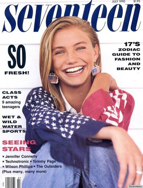 Cameron Diaz on the cover of "SEVENTEEN" (JUly 1990). Cameron Diaz Now, Tommy Page, Seventeen Magazine Covers, Hair Clips 90s, 90s Stuff, Niki Taylor, Green Hornet, Katherine Heigl, Girls Magazine