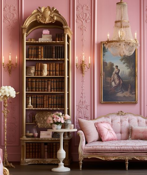 Reading Room Decor | Reading Room  Ideas Cozy small Brigerton Inspired Room, French Princess Room, Pink French Office, Rococo Apartment Aesthetic, Brigerton Interior, Bridgerton Room Decor Ideas, Bridgeton Room Aesthetic, Rococo Bookshelf, Bridgerton Living Room Aesthetic