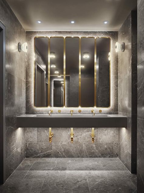 The grandeur of hotel chic bathrooms is plain to see with this particularly enchanting design. Bathroom Mirror Design, Toilette Design, Interior Hotel, Restroom Design, Space Copenhagen, Bad Inspiration, Toilet Design, Hotel Bathroom, Basement Bathroom