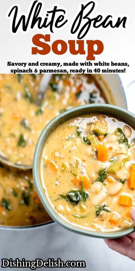 Tuscan White Bean Soup is savory and creamy, made with white beans, spinach, parmesan, and spices, with minimal prep time and ready in 40 minutes! Small White Beans Recipes, White Bean Chicken Soup, White Beans Spinach, Cannellini Bean Soup, Gf Soup, Tuscan White Bean Soup, Spinach Parmesan, Tuscan Bean Soup, Tuscan White Bean