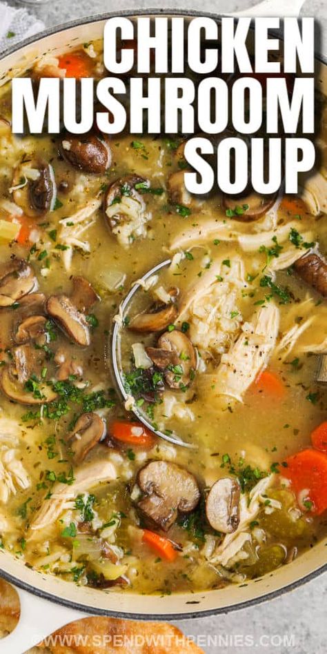 Chicken and Mushroom Soup - Spend With Pennies Chicken And Rice Soup With Mushrooms, Chicken Mushroom Barley Soup, Instant Pot Chicken And Mushroom Soup, Keto Chicken And Mushroom Soup, Chicken Soup Veggies, Keto Chicken Mushroom Soup, Crockpot Soup With Mushrooms, Chicken Noodle Mushroom Soup, Chicken Broccoli Mushroom Soup