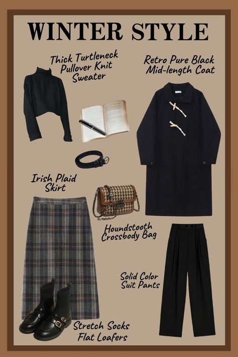 🎻Turtleneck Pullover Knit Sweater X Irish Plaid Skirt X Retro Mid-length Coat🎻 Black Pants Outfit Winter, Irish Plaid, Black Pants Outfit, Dark Academy, Winter Pants Outfit, Turtleneck Pullover, Plaid Skirt, Knitted Pullover Sweaters, Plaid Skirts