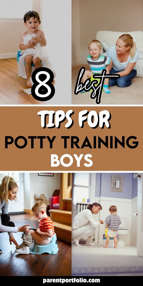 Image shows four photos of young boys learning to use the potty, assisted by adults. The text '8 Best Tips for Potty Training Boys' is bold, highlighting practical advice for parents. Each photo captures different potty training moments, emphasizing guidance, encouragement, and patience. The theme focuses on helpful strategies for parents embarking on the potty training journey with boys, making it a supportive and effective experience. Poop In Toilet, Babymoon Ideas, Potty Training Charts, Potty Training Rewards, Best Potty, Easy Potty Training, Potty Training Girls, Potty Chart, Potty Training Boys