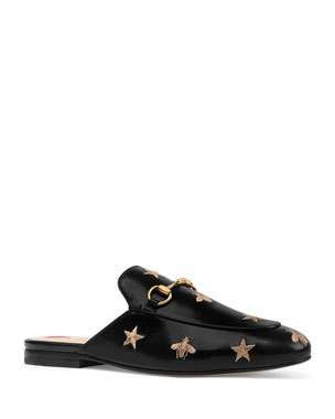 X3WS9 Gucci Flat Princetown Bee & Star Mule Gucci Luxury Formal Mules, Luxury Gucci Mules With Leather Sole, Gucci Flat Shoes, Luxury Gucci Slip-on Mules, Luxury Gold Slip-on Mules, Gucci Bee, Luxury Slip-on Mules With Buckle Closure, Gucci Flats, Mules Outfit