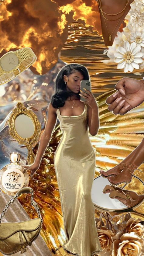 1.	Vision board featuring a beautiful Black woman in a golden Versace-inspired dress, Versace Eros Pour Femme perfume, Dior saddlebag, Piguet watch, luxury mirrors, white and gold flowers, nude and natural summer nails, and a glamorous blowout hairstyle. 	2.	Gilded glamour vision board with a stunning Black woman in a golden dress, Versace Eros Pour Femme perfume, Dior saddlebag, Piguet watch, elegant mirrors, white and gold flowers, nude summer nails, and old Hollywood blowout hairstyle. Natural Summer Nails, Glam Party Outfit, Gold Dress Outfits, Hollywood Glamour Party, Hollywood Glam Dress, Versace Eros Pour Femme, Gilded Glamour, Glamour Party, White Gold Dress