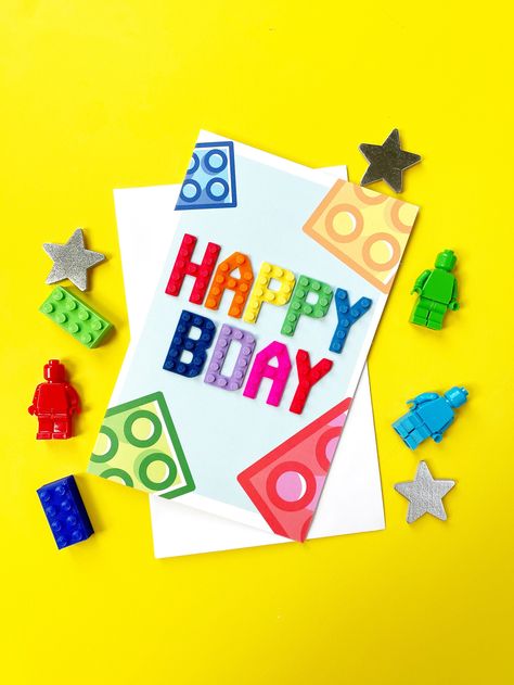 Lego Cards Handmade, Happy Bday Cards, Happy Bday Card, Lego Birthday Cards, Lego Card, Letter Stationery, Personalised Keyrings, Lego Diy, Lego Lovers