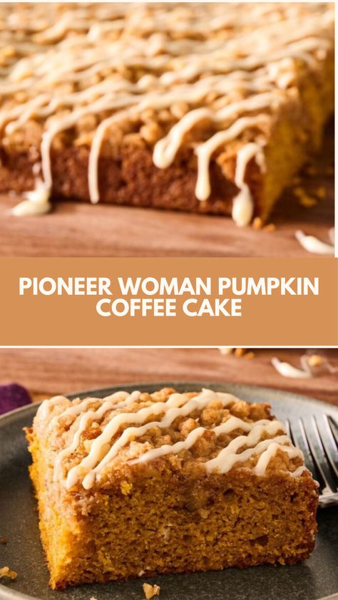 This delicious pumpkin coffee cake is a quick and easy dessert that’s perfect for cozy mornings or holiday brunches. With a creamy pumpkin base, crunchy streusel topping, and a sweet cream cheese drizzle, it’s a comforting treat that uses simple ingredients for rich flavors everyone will love. Pioneer Woman Desserts, Pumpkin Coffee Cake Recipes, Cream Cheese Drizzle, Easy Pumpkin Recipes Desserts, Pioneer Kitchen, Pecan Coffee Cake, Pumpkin Coffee Cake, Streusel Coffee Cake, Pumpkin Coffee Cakes