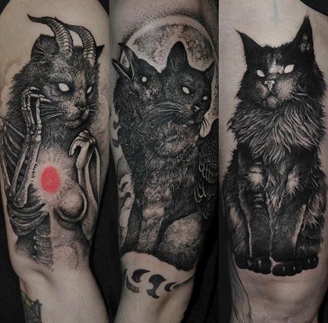 Artist Robert Borbas Satanic Tattoos, White Tattoos, Black Cat Tattoos, Scary Cat, Creepy Tattoos, Spooky Tattoos, Gothic Tattoo, Horror Tattoo, Dark Tattoo