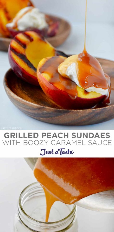 This recipe is a summer dessert must. Fruit, ice cream AND boozy caramel sauce, all in one scoop! The juicier and sweeter the fruit, the more caramelization you’ll get. So don’t be afraid to pick the softer, super-ripe peaches (or nectarines!). #justatasterecipes Diy Sundae, Caramel Recipes Sauce, Fruit Ice Cream, Peach Desserts, Impressive Recipes, Refreshing Food, Easy Blueberry, Fruit Ice, Grilled Peaches