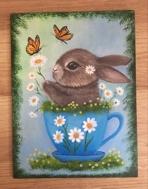 Painted by acrylics on canvas board. Bunny Painting Easy, Easter Acrylic Painting, Step By Step Painting For Beginners, Spring Acrylic Paintings, Baby Animal Painting, Acrylic Bunny, Colorful Animal Paintings, Abstract Painting Acrylic Modern, Spring Drawing