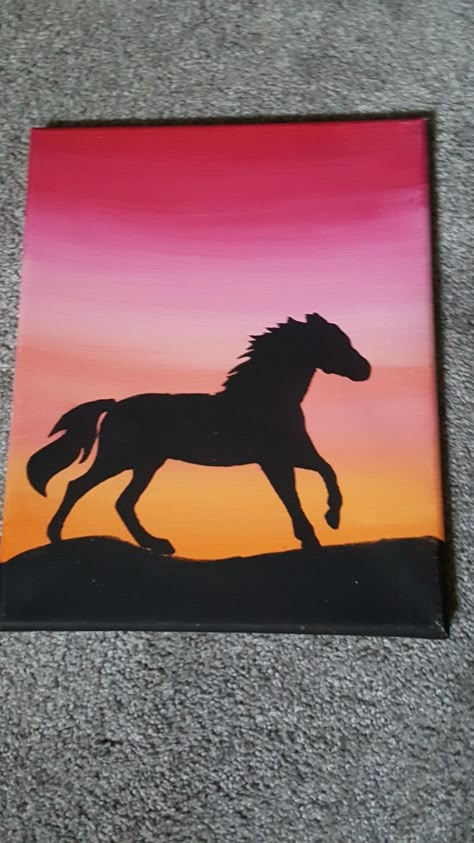 #Horse #Painting #Paint #Galloping #Canvas #Blend #Sunrise Easy Horse Painting, Horse Canvas Painting, Cute Easy Paintings, Shadow Painting, Horse Paintings, Silhouette Canvas, Simple Acrylic, Silhouette Painting, Horse Silhouette