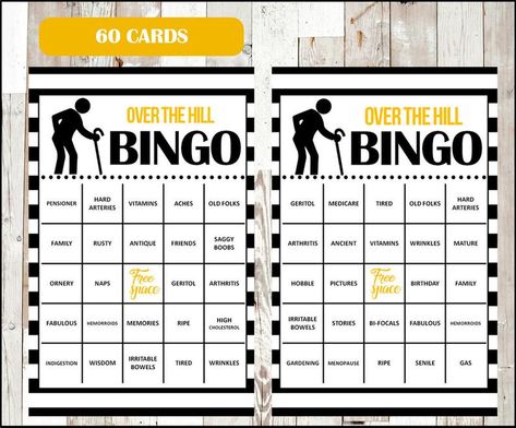 Over the Hill Bingo Party Bingo Game 100 different Cards | Etsy Bingo Birthday Party, Bingo Birthday, Bingo Party, Bingo Chips, 75th Birthday Parties, Birthday Party Packs, Man Party, Over The Hill, 60th Birthday Party