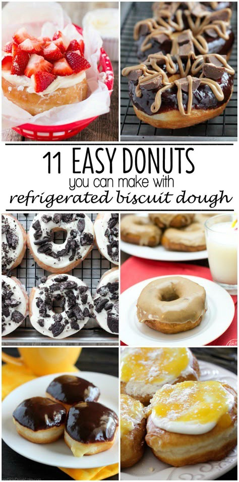 How to make homemade donuts with refrigerated biscuit dough! 11 yummy recipes to choose from! Philsbury Biscuit Recipes, Refrigerated Biscuit Recipes, Pillsbury Biscuit Recipes, Best Homemade Biscuits, Biscuit Donuts, Easy Donuts, Homemade Donuts Recipe, Donut Dessert, Canned Biscuits