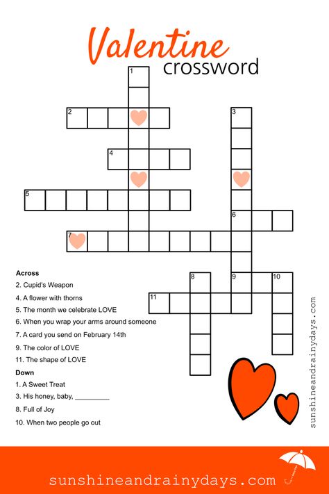 The thing about Valentine's Day is it can be as simple or extravagant as you wish! We are here to help you keep it simple! A few fun activities, like this Valentine Crossword Puzzle, and a special treat will create Valentine memories your kids won't forget! #ValentineCrosswordPuzzle #ValentinePrintable #ValentinePrintables #CrosswordPuzzle #ValentineCrossword via @Sunshine and Rainy Days Valentine Worksheets, Valentines Puzzles, Halloween Puzzles, Valentine Words, Classroom Valentines, Bathroom Printables, Esl Resources, Valentine's Day Printables, Valentine Activities