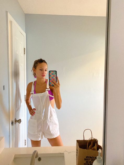 white overalls; beach outfit; purple bikini; summer beach fit; mirror pic; overalls bikini coverup Country Thunder, White Overalls, Beach Fit, Overall Outfit, Beach Fits, Swim Coverup, Mirror Pic, Beach Outfit, Summer Beach