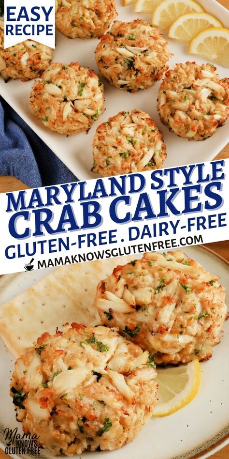 An easy recipe for gluten-free crab cakes. These are classic Maryland-style crab cakes and can be either baked or fried. This gluten-free dinner recipe is also dairy-free. Gluten Free Crab Cakes, Mama Knows Gluten Free, Dairy Free Appetizers, Gluten Free Appetizers, Dairy Free Dinner, Pescatarian Recipes, Crab Recipes, Gluten Free Recipes For Dinner, Gluten Free Dairy Free Recipes