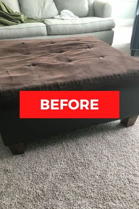 There's no need to throw away your ottoman, breath new life with new fabrics with this DIY upholstery idea. You'll want to check the before and after photos to see that you don't need to buy new furniture if you're decorating on a budget. #diy #ottoman #makeover Decorate Ottoman, Living Room Ottoman Ideas, Ottoman Makeover, Decorating Terra Cotta Pots, Vintage Settee, Diy Upholstery, Diy Ottoman, Modern Coasters, Diy Playbook