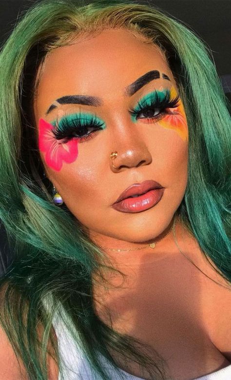 vibrant makeup, tropical makeup, exotic makeup looks, bright makeup looks, summer makeup looks, bold makeup looks Summer Makeup Looks For Black Women, Beach Themed Makeup, Hibiscus Flower Makeup, Tropical Makeup Look Hawaii, Luau Makeup, Hawaii Makeup Look, Hawaiian Makeup Look, Hibiscus Makeup, Beach Eye Makeup