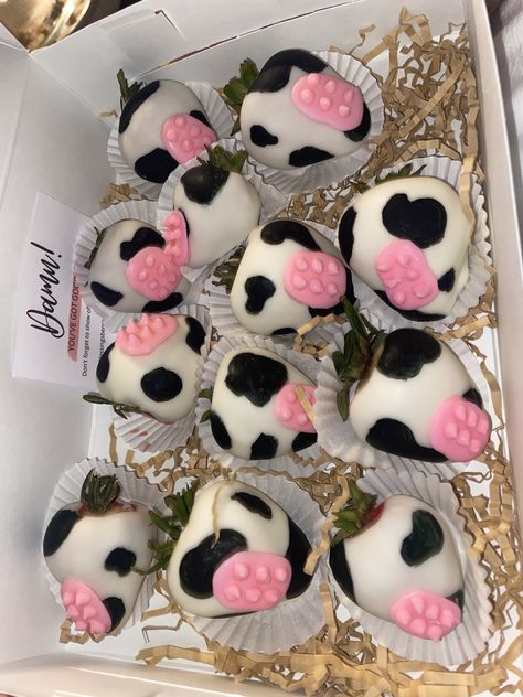 Pink Cow Print Strawberries, Cow Desserts Ideas, Half Way To One Cow Theme, Cow Print Dessert Table, Cow Sweet 16, Pink Cow Print Party Ideas, Moo Moo I'm Two Birthday Cake, Cow Chocolate Covered Strawberries, Pink Cow Baby Shower Theme