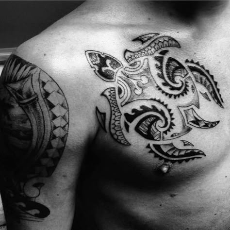 Sea Turtle Chest Tattoo, Sea Turtle Tattoo Men, Turtle Sleeve Tattoo, Turtle Chest Tattoo, Fantail Tattoo, Tattoo Finder, Turtle Tattoo Ideas, Hawaiian Turtle Tattoos, Tattoo Turtle