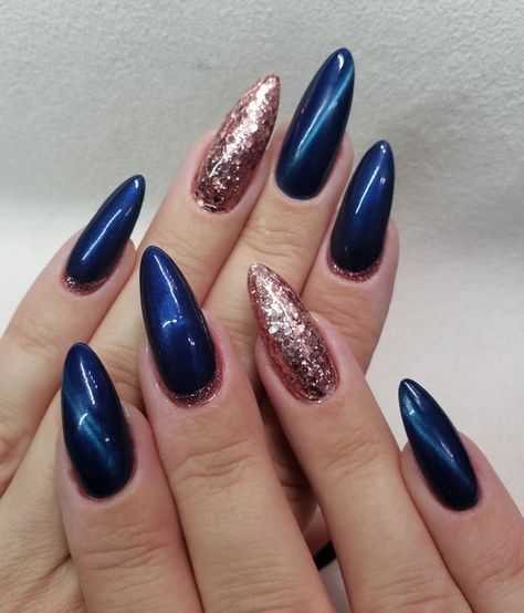 Blue Gold Glitter Nails, Mauve And Blue Nails, Blue Rose Gold Nails, Navy Rose Gold Nails, Navy Blue And Rose Gold Nails, Blue And Rose Gold Nails, Navy And Rose Gold Nails, Dark Blue And Pink Nails, Dark Blue Fall Nails