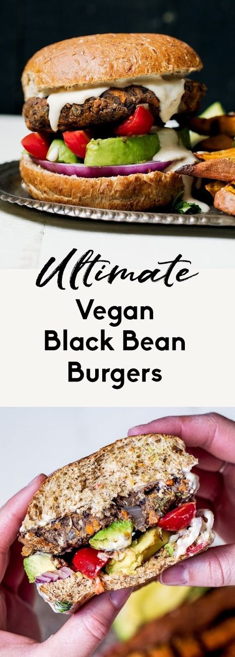 The best healthy vegan black bean burgers are gluten free, packed with veggies and filled with plenty of spices. This is the ultimate vegan black bean burger recipe that's easy to make, holds together well and is incredibly delicious! Top with avocado, onion, tomato and a super addicting garlic tahini sauce. #veganrecipe #blackbeans #burgers #veganburger #glutenfree #mealprep #dinner #dairyfree Blackbeans Burgers, Vegan Black Bean Burger, Black Bean Burger Recipe, Meatless Burgers, Black Bean Burger, Bean Burgers, Black Bean Veggie Burger, Vegan Black Bean, Black Bean Burgers