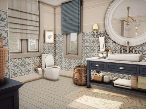 Sims 4 Houses Ideas Interior, Sims 4 Bathroom Build, Sims 4 Coastal House Cc, The Sims 4 Coastal Cc, Sims 4 Coastal House Interior, Sims Coastal Cc, Sims Coastal House, Costal Bathroom Bloxburg, Sims 4 Cc Coastal Furniture