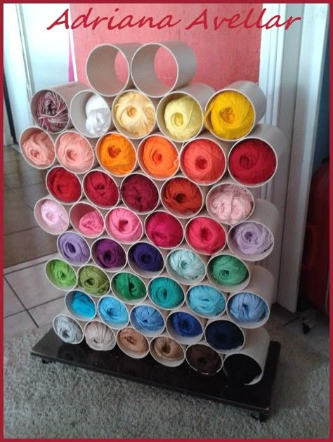 yarn storage - A girl and a glue gun Diy Yarn Storage Ideas, Yarn Storage Solutions, Yarn Storage Ideas, Pvc Storage, Yarn Organization, Crochet Storage, Craft Room Design, Yarn Storage, Yarn Stash