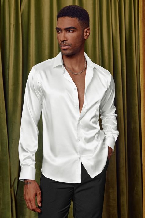 This Men's satin shirt is a very delicate and shiny fabric, it feels great against the skin and drapes beautifully, and is also lightweight and comfortable to wear. It is perfect for more formal occasions. #men #shirt Men Blazer Outfit, Satin Shirt Men, Satin Shirt Outfit, Silk Shirt Outfit, White Satin Shirt, Silk Shirt Men, Satin Shirts, Recycled Dress, Shirt Outfit Men