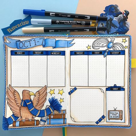 Harry Potter themed bullet journal - Ravenclaw weekly spread! #bulletjournal #bujo #bulletjournalweekly Harry Potter Journal, Bullet Journal October, Grid Journal, Bullet Journal Key, Drawing Lines, Bullet Journal 2019, Bullet Journal Cover Page, طابع بريدي, Dot Grid Journal