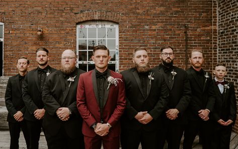 Just Wait Until You See the Wedding Cake for This Stylish Hollywood Glam Wedding | Photography by Black And Red Groomsmen Attire, Black And Red Tux, Burgundy Tux, Sparkle Bridesmaid Dress, Red Tux, Groom Suit Black, Burgundy Wedding Theme, Wedding Vow Renewal Ceremony, Hollywood Glam Wedding