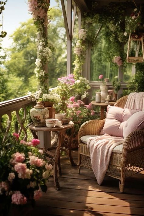 Cottage Core Porch, Floral Balcony, Cottage Core Interior, Spring Porch Decor, Porch Balcony, Cottage Style Home, House With Porch, Front Porch Decorating, Wrap Around Porch