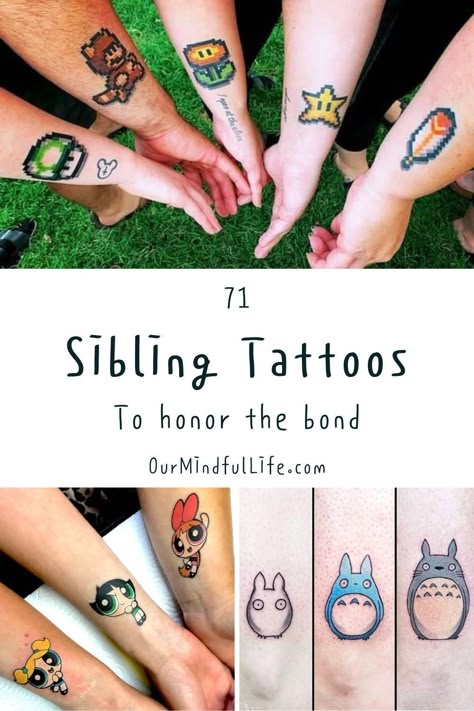 Sibling Tattoos For 3 Cartoons, Cartoon Sibling Tattoos, Best Sibling Tattoos, Small Tattoo For Siblings, Multiple Siblings Tattoo, Best Friend Cartoon Tattoos, Disney Tattoo Matching, Nerdy Sibling Tattoos, Group Of Four Tattoo Ideas