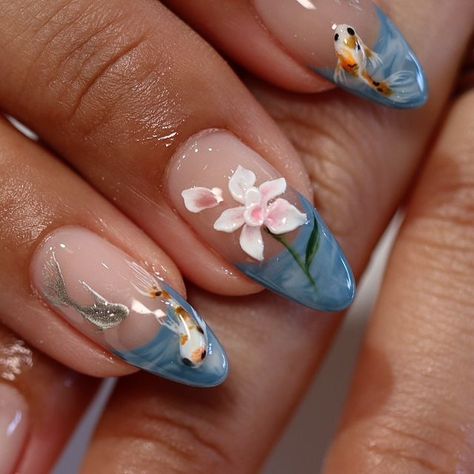 Koi Nail Art, Koi Pond Nails, Japan Inspired Nails, Koi Nails, Koi Fish Nails, Japan Nails, Fish Nails, Fruit Nails, Japan Nail