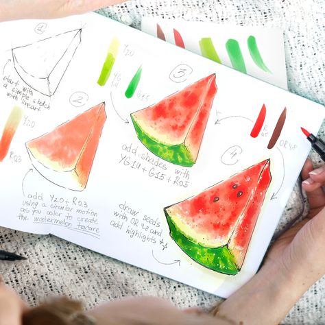 You can create something refreshing with just a few OLO colors and simple techniques! 🍉 Check out this fun step-by-step guide to coloring a realistic watermelon with that signature textured look. The secret? Circular motions and letting the paper's white space add that watercolor-like touch. Try it out yourself!   #OLOhowto #OLOmarkers #alcoholmarkers #watermelon #foodart #summerfruits #fruit #summer #summercolors #yesitsstillsummer #art #artwork #arthowto #learnhow #sketchbook #howtodraw #draw Watermelon Drawing, Step By Step Watercolor, Fruit Summer, Watermelon Slices, Cute Doodle Art, Alcohol Markers, Sketchbook Inspiration, Marker Art, Summer Fruit