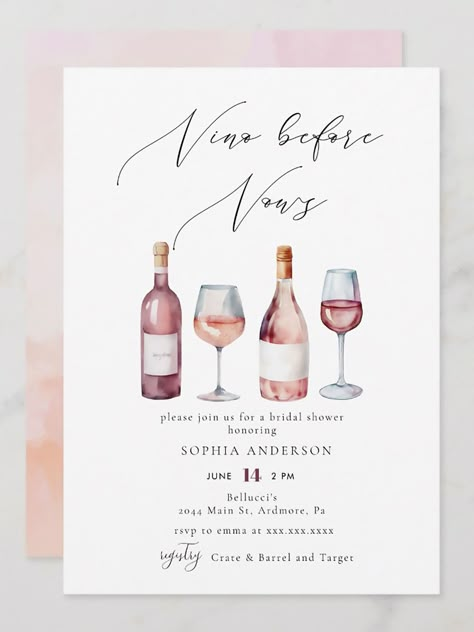 $3.34 | Elegant Watercolor Vino before Vows Bridal Shower Invitation ⭐️ This elegant bridal shower invitation is perfect for wine themed bridal showers. It has a calligraphy script "Vino before Vows" title and watercolor bottles and glasses of pink and red wine. #bridalshowerinvitations #summer #wine #vinobeforevows #cheerstolove #blushpink #unique #rose #modern #champagne // Bridal shower ideas // Bridal shower invites // #bridalshower #wedding #bride #bridetobe #bridalbrunch #bridalparty #ad Wine Bridal Shower Invitations, Vino Before Vows, Bridal Shower Wine Theme, Bridal Shower Wine, Bridal Theme, Unique Bridal Shower, Elegant Bridal Shower, Elegant Watercolor, Bridal Shower Invitations Templates