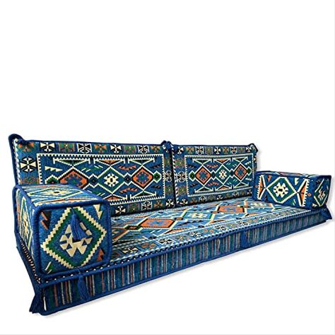 Authentic Arabic Floor Sofa Set! 5 pieces: 1 floor seating cushion, 2 backrest pillows, and 2 armrest pillows, all with their inner fillings. Made from durable heavy fabric with authentic embroidered designs on both sides. Ideal for sitting and sleeping, it adds comfort to any room. Perfect for a bohemian or ethnic home interior, adding a true taste of the Middle East. Enjoy our 'Made to Order' service. Experience the true essence of Arabian hospitality. Fast shipping! CLICK TO BUY!! Moroccan Couch, Arabic Seating, Bookshelves Around Fireplace, Arabic Floor Seating, Majlis Sofa, Blue Couch Living, Floor Seating Cushions, Middle Eastern Decor, Arabic Majlis