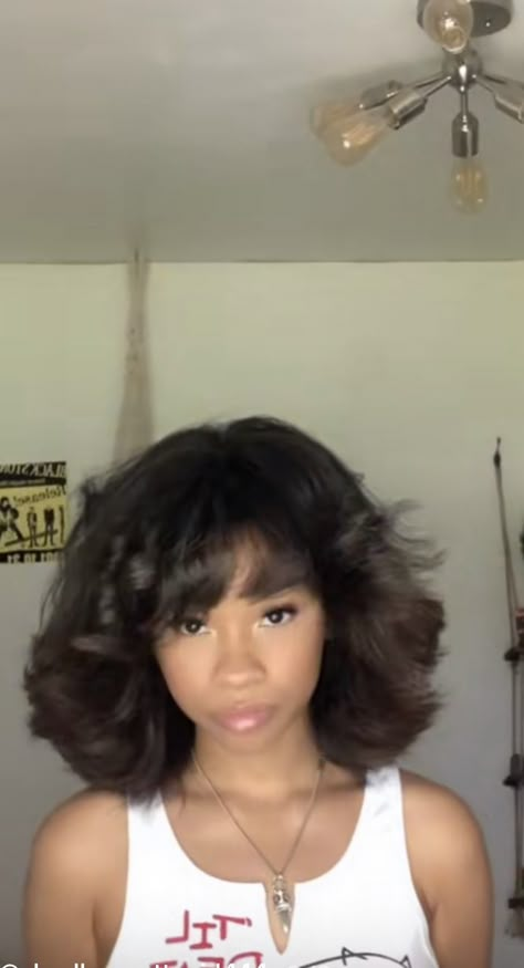 Silk Press With Bangs Natural Hair, Blowout Wolf Cut, Natural Hair Blowout Short, Wolf Cut Hair Black Women, Short Black Hairstyles Shoulder Length, Wolf Cut On Black Women, Silk Press With Bangs, Short Blowout Hairstyles Black Women, Short Hair Blowout Black Women