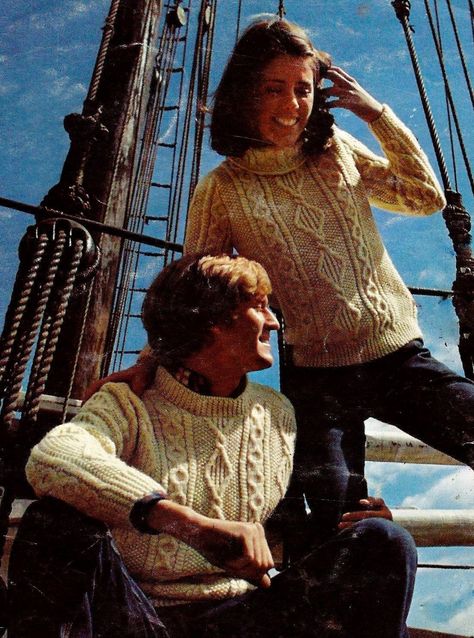 "PATTERN DETAILS: Fisherman cable sweaters for him and her. His has saddle shoulders and a crew neck and hers has plain shoulder seams and a cable patterned turtleneck. All sizes included. All written instructions. Women's Sweater Sizes: Instructions are for Size 8. Changes for sizes 10, 12 and 14 are in parentheses. Finished Measurements: Bust: 34\" (36-38-40)\" Back at Shoulders: 13\" (13 ½-14-14 ½)\" Sleeve at Underarm: 12\" (12 ½-13-13 ½)\" Materials: Knitting worsted weight yarn (4-oz): 5 ( Patterned Turtleneck, Cable Sweater Pattern, Cable Sweaters, Aran Jumper, Vintage Needlework, Sweater Patterns, Aran Sweater, Knitting Needles Sizes, Beanie Style