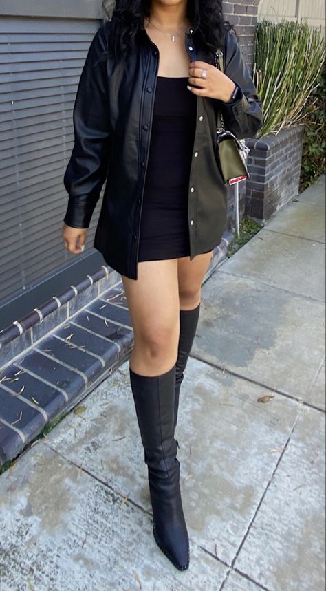 Fashion inspo, black outfit Black Leather Jacket Dress, Leather Jacket Outfit Club, Black Dress Black Jacket, All Black Outfit With Leather Jacket, Black Jacket Dress Outfit, Leather Jacket With Dress Formal, Dress With A Leather Jacket Outfit, Little Black Dress Leather Jacket, Black Dress Rock Style