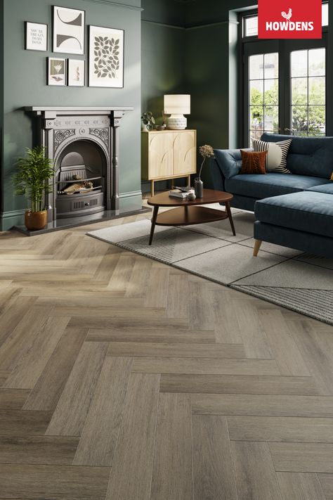 Living Room Chevron Floor, Victorian Living Room Flooring, Howdens Living Room, Wood Effect Laminate Flooring, Herringbone Floor Living Room Ideas, Living Room Kitchen Flooring, Flooring Kitchen To Living Room, Wooden Living Room Floor, Living Room With Laminate Flooring