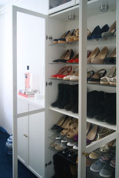 My Ikea Billy shoe closet (and lots of shoes!) - Tatiana's Delights Shoe Storage Apartment, Ikea Shoe Storage, Shoe Storage Hacks, Ikea Glass, Billy Ikea, Closet Ikea, Billy Bookcases, Ikea Shoe, Diy Shoe Storage