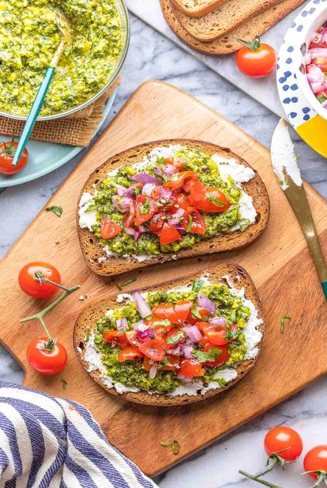 Pesto Toast, Plant Based Cream Cheese, Simple Brunch, Tomatoes On Toast, Make Lunch, Salsa Ingredients, Apple And Peanut Butter, Sandwich Spread, Brussel Sprout Salad