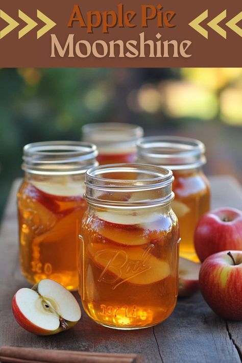 Apple pie moonshine blends apple juice, cider, spices, and a kick of grain alcohol and vodka, creating a smooth, sweet drink with a warm cinnamon finish. Maple Cream Pie, Apple Moonshine, Flavored Moonshine Recipes, Apple Pie Shots, Apple Pie Drink, Apple Pie Moonshine Recipe, Cheeseburger Mac, Homemade Moonshine, Moonshine Recipe