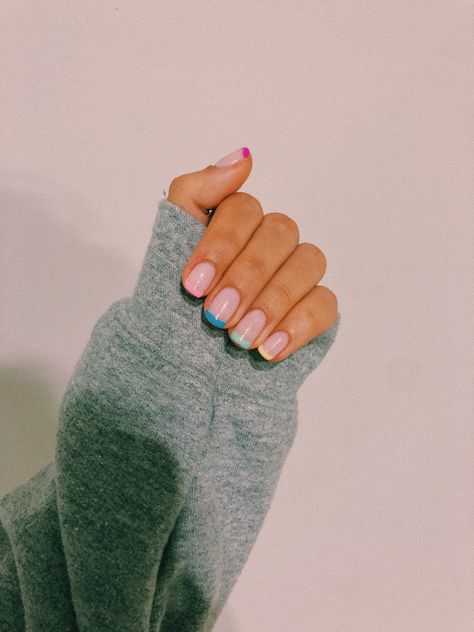 Colored Manicure Tips, French Nail With Color, Different Color Tips Nails, Pastel Colours French Tip Nails, Pastel Tip Nails, Colorful French Tip Nails Pastel, Multi Colored Pink French Tip Nails, Colorful Manicure, French Tip With Pastel Colors