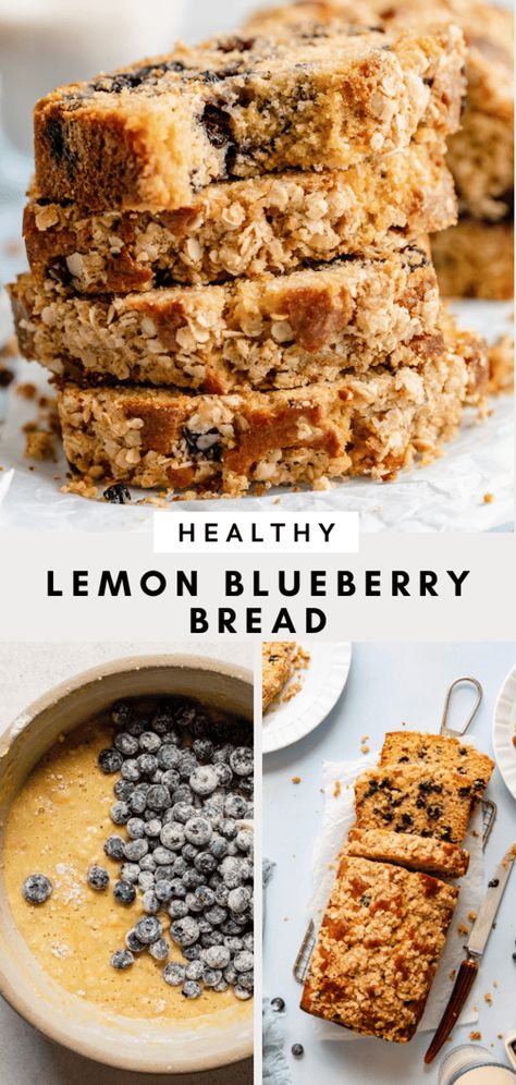 A quick bread recipe that's more than just cake baked into a loaf! This Healthy Lemon Blueberry Bread is 100% whole-wheat, naturally sweetened, and bursting with fresh lemon and blueberry flavor. It’s moist, tender and just perfectly sweet. Healthy Blueberry Bread, Healthy Lemon Blueberry, Blueberry Loaf Cakes, Blueberry Bread Recipe, Lemon And Blueberry, Blueberry Loaf, Quick Bread Recipe, Peanut Butter Bread, Lemon Blueberry Bread